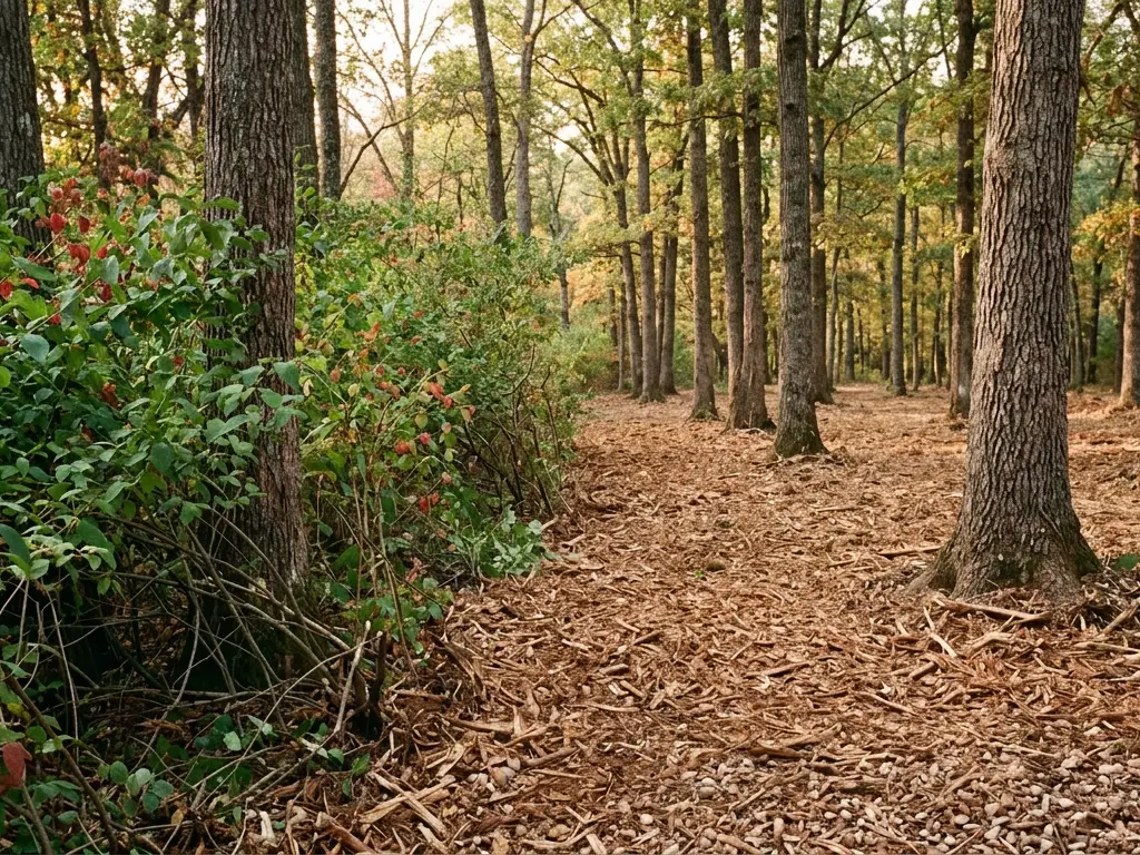 Dense bush honeysuckle beside cleared, mulched woodland floor under mature oaks near Springfield, MO