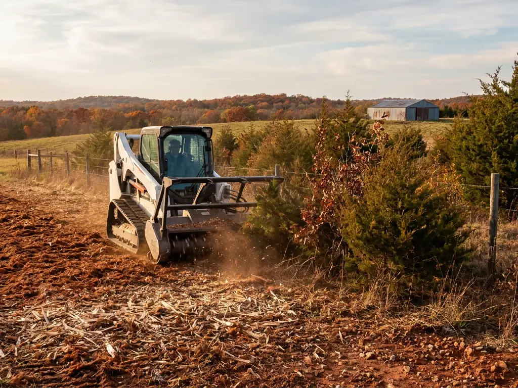Forestry mulcher working along a cedar thicket at the edge of a fescue pasture outside Springfield, MO
