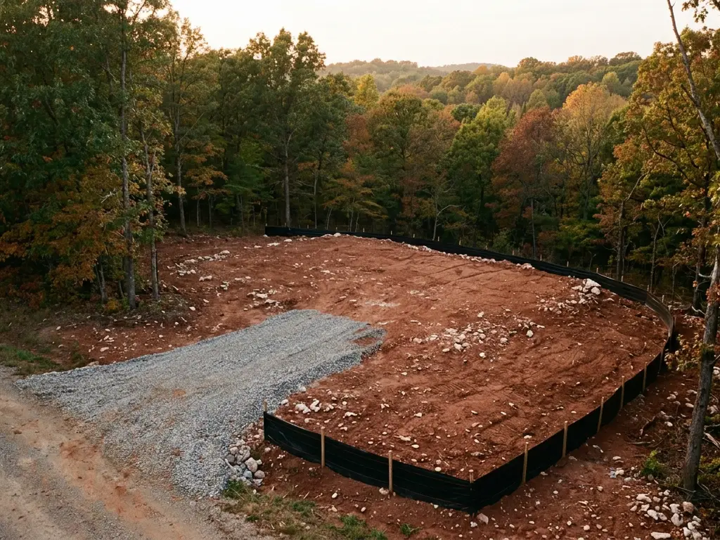Cleared building pad of red clay and chert with a new gravel driveway and silt fence on a wooded lot near Springfield, MO