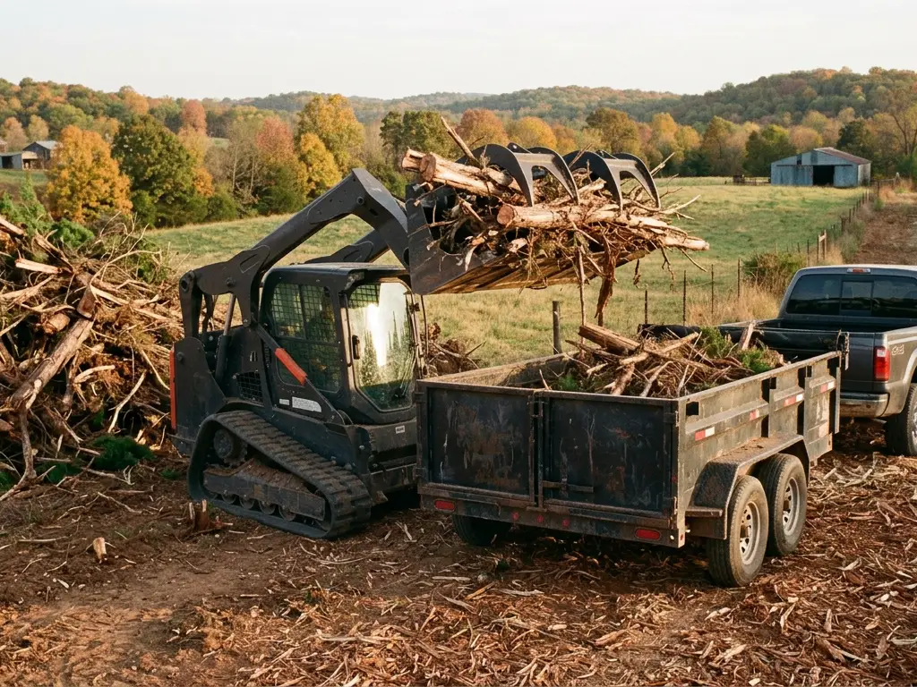 Track loader with a grapple loading cut cedar and brush into a dump trailer on a cleared lot near Springfield, MO