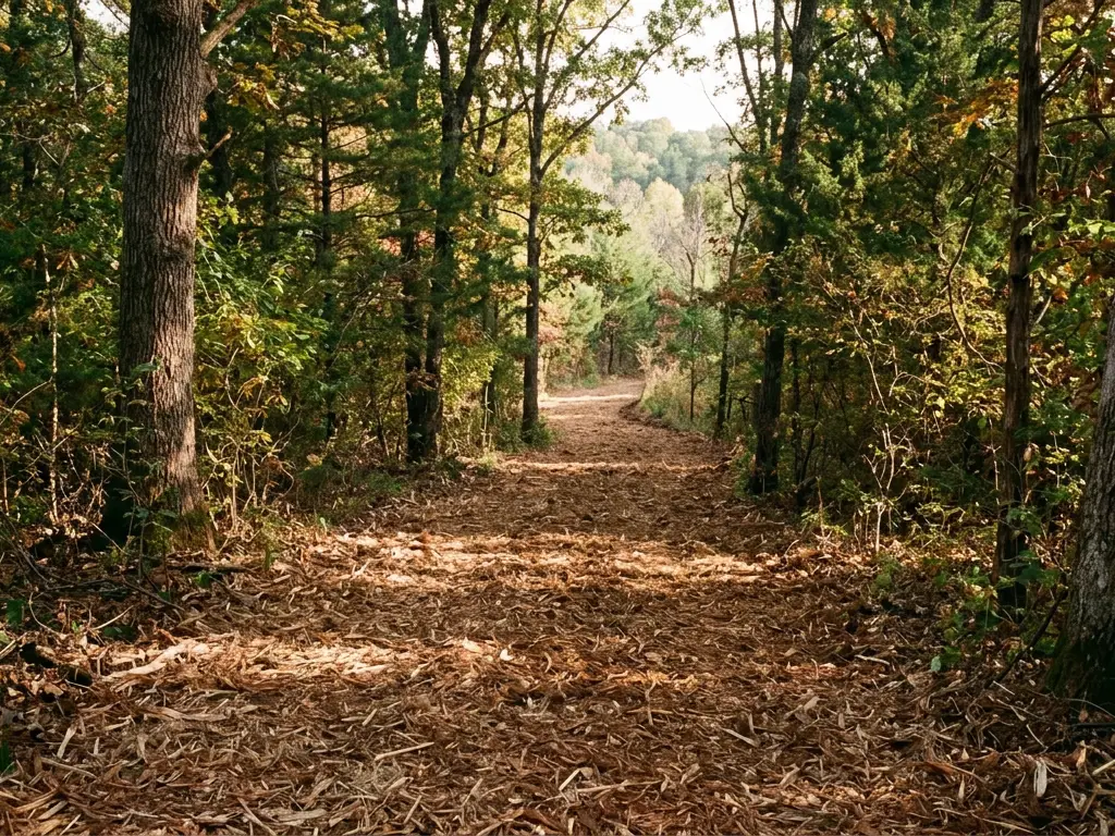 Wide forestry-mulched trail curving through oak woods near Springfield, MO in autumn light