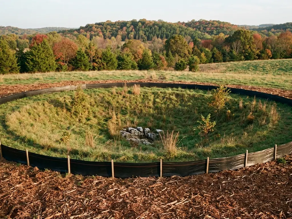 Sinkhole in a pasture ringed by silt fence with an undisturbed grass buffer beside cleared ground in Greene County, MO