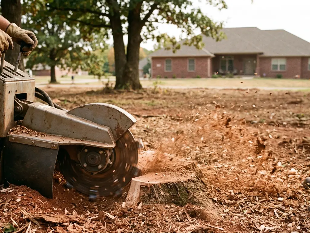 Stump grinder cutting an oak stump into chips at the edge of a cleared yard near Springfield, MO