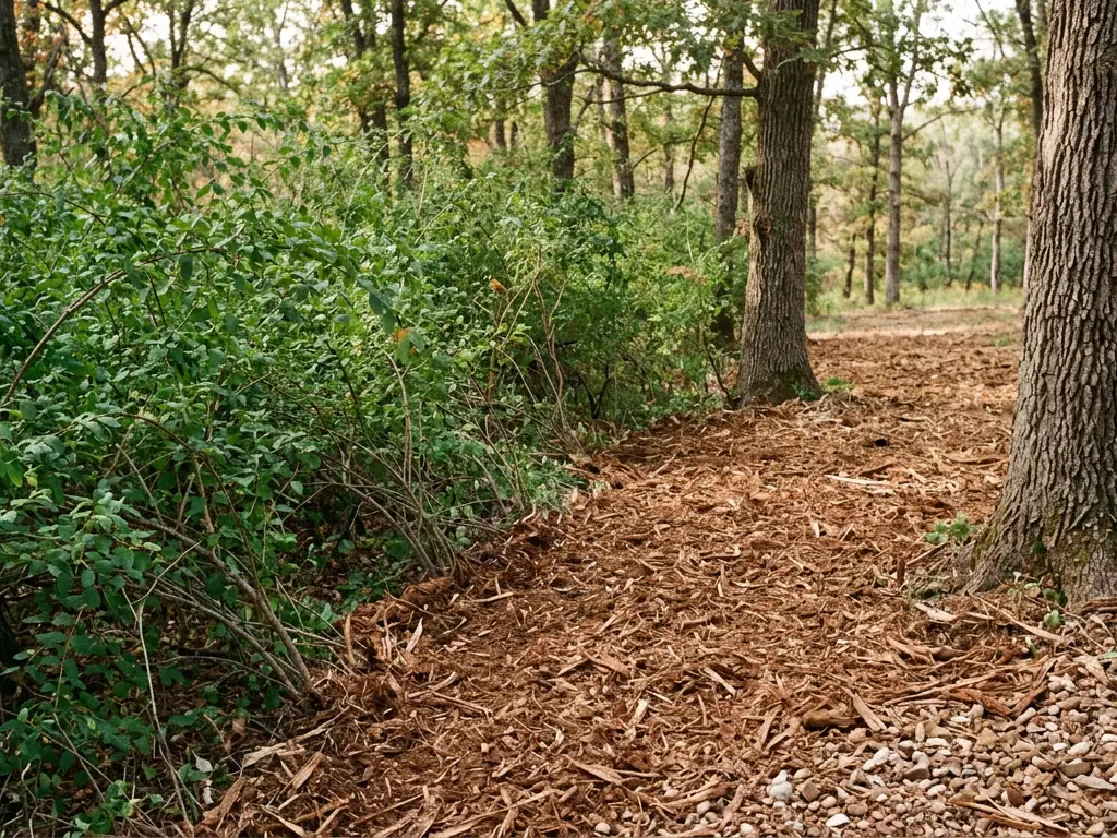 Thicket of brush beside a strip of freshly mulched ground in oak woods near Nixa, MO